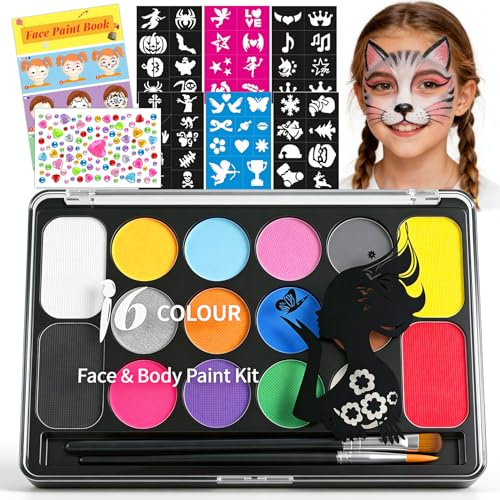 Mekkyes Palette Maquillage Enfant - 16 Couleurs Peinture Corporelle pour Le Visage avec 4 Grandes Couleurs, 52 Pochoirs et 1 Autocollant Strass, pour Halloween Carnaval Pâques Noël Soirées à Thème