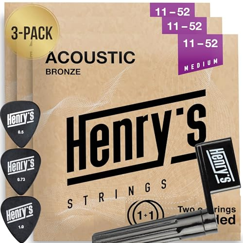 Henry's Strings 3 corde per chitarra occidentale medie, 11-52, qualità del suono brillante, corde per chitarra western e 3 plettri extra E1