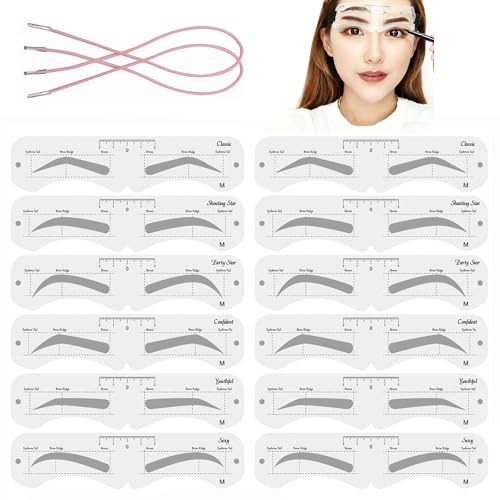 Kit Stencil per Sopracciglia Riutilizzabile 12 Pezzi - 6 Forme Popolari con Cinghia Regolabile, Stampo Perfetto per Sopracciglia Definite e Simmetriche
