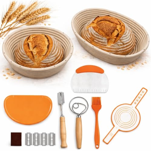 Banneton Bread Proofing Basket Set, 9 Inch Round & 11 Inch Oval Sourdough Proving Basket, 100% Natural Rattan with Silicone Bread Sling, Bread Lame, Dough Whisk, Scrapers & Silicone Brush