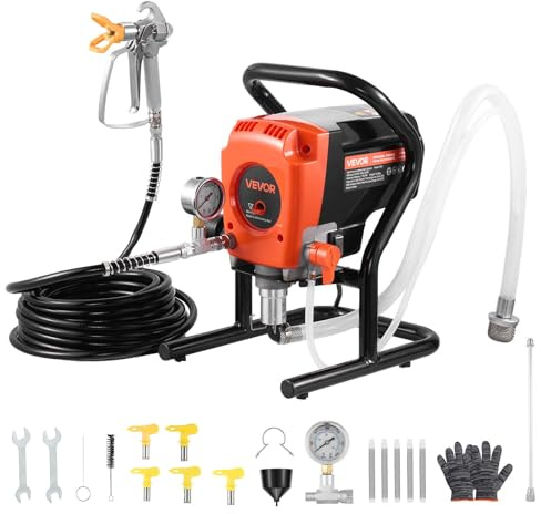 VEVOR Spruzzatore Airless per Vernice con Supporto 900 W, Sistema di Spruzzatura di Vernice da 0,029 L/s con Spazzola di Pulizia, Tubo Flessibile, Asta di Prolunga e Ugelli, per Case ed Edifici