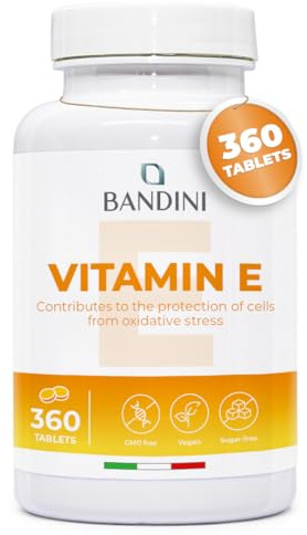 Bandini® Vitamina E 360 Compresse - Vitamina E 100% pura - Massimo dosaggio - Integratore alimentare di Vit E (tocoferolo puro) - Stress ossidativo, Capelli e Vista - Alternativa a softgels e capsule