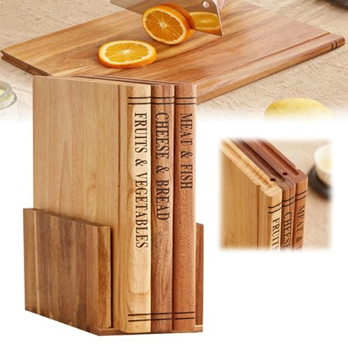 Tagliere da Cucina in Legno, Set di Libri da Biblioteca, Tagliere Bifacciale con Supporto, Tagliere per Tritare Carne, Verdure e Frutta, Tagliere Lavabile in Lavastoviglie(Beige)