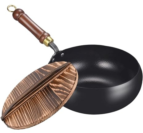 Spider-non-stick-beläggning – traditionellt kolstål, spindelpannor, obelagd järnpanna, ergonomiskt köksredskap med trähandtag, klassiskt med glaslock | mångsidig matlagning