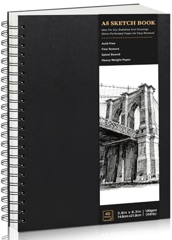 A5 Sketch Book 160gsm, 40 Sheets Art Drawing Book, Hardcover Sketch Pad | Acid-Free Dual-Textured Paper, Spiral Bound Lays Flat Drawing Pad for Pencil, Ink, Charcoal, Crayon & Gift