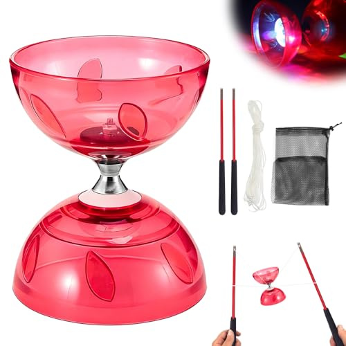 LED Diabolo med kullager, Diabolo frilöpare med kullager, trippelförvaringsset, 4 färger blinkande trippellager med 10 m reservrep, nätpåse och professionell stång för vuxna (röd)