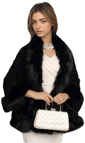 ELFJOY Bridal Faux Fur Shawl and Wraps for Weddings Faux Fur Coat Women Luxury Evening Dresses Fluffy Cape for Women (Black)