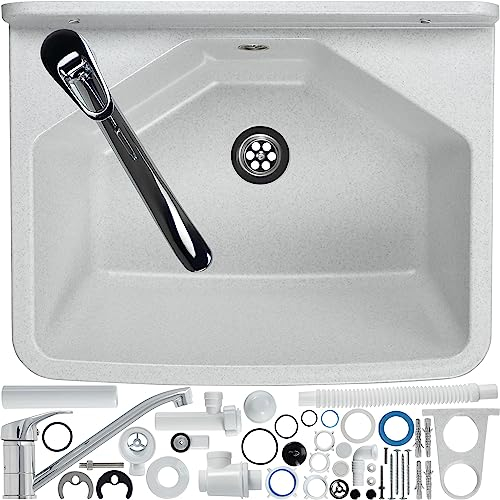 gospo Évier avec robinet, siphon, 46 x 37 x 20 cm, lavabo en plastique, bac de lavage pour jardin, garage, cave, atelier, montage mural, évier avec accessoires (blanc)