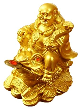 YODOOLTLY Feng Shui Laughing Buddha, Wealth Laughing Buddha Sit on Money Frog Statue Lucky Toad Car Ornaments Home Office Decoration (Gold)