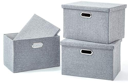 AlphaHome Set of 3 Storage Boxes with Lid, Collapsible Storage Basket for Closet and Shelf (Glaucous Grey, XLarge - 3 Pack)