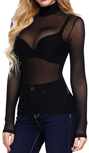 Women's Sexy Mesh Sheer Tops Long Sleeve Turtleneck Pullover Transparent Tulle Mesh Shirt