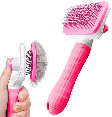 Dog Brush Cat Grooming Comb,Self Cleaning Pet Slicker Brushes with Smooth handle,Dog Grooming Tool with Button for Pet Shedding Brush Cat Massage Clean Tangled(Pink)