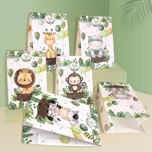 Heboland Sacchetti di Carta per Bambini, 24Pcs Sacchetti Regalo Animali con 30 Adesivi, Sacchetto Regalo Giungla per Confezionare Regali, Regali di Compleanno per Bambini, Feste