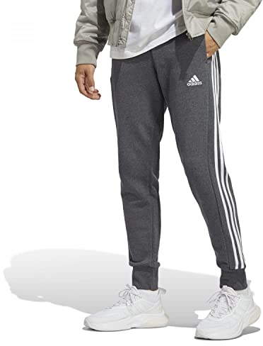 adidas Herren Essentials French Terry Tapered Cuff 3-Stripes Pants, Dark Grey Heather/White, XXL