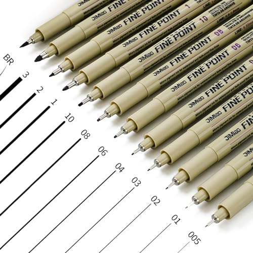 Rierousy Micron Fineliner Stifte, 12 Stück Fineliner Schwarz Set mit 12 Verschiedene Linienbreiten, Fineliner zum Künstler, Fineliner Wasserfest für Illustration, Skizzen
