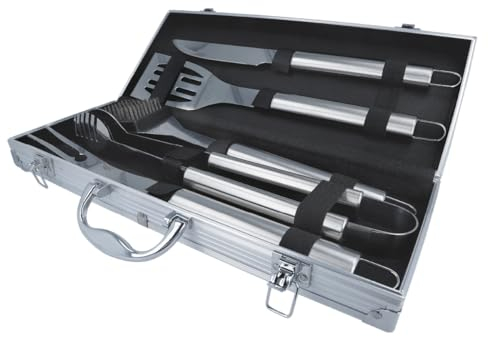 EUROHOME Grillbesteckkasten 5-teilig - Hochwertiges Grillbesteck im Aluminiumkoffer - Koffer 44 x 17 x 7 cm - Grillset - Edelstahlbesteck Zange, Wender, Gabel, Messer, Reinigungsbürste