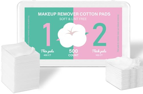Square Cotton Pads for Face (500 Count) - 100% Pure Cotton, Soft Lint-Free Makeup Remover Pads for Facial and Eye Use, Double-Sided Design to Save Water, Hypoallergenic (100 Thick & 400 Ultra-Thin)