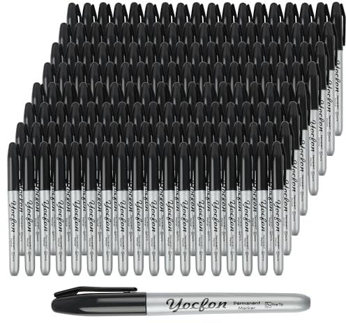 Yocfon Permanent Markers Bulk, 144 Count Black Permanent Markers Set, Fine Tip, Waterproof Markers, Works On Plastic, Wood, Stone And Metal For Doodling, Marking