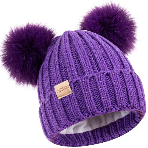 Tontuland Kids Winter Beanie Hat Warm Ski Caps with Pompom Fleece Lined Children's Knit Hat for Boys Girls Purple