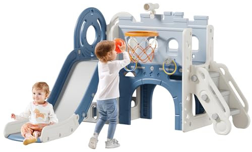 FUKEA Castle Kids Slide, Toddler Large Slide Playground Outdoor Indoor, Garden Slide Climbing Frame with Storage Box, Basketball Hoop, Crawl Tunnel, Multi-function Slide for Toddlers age 1-3(Castle)