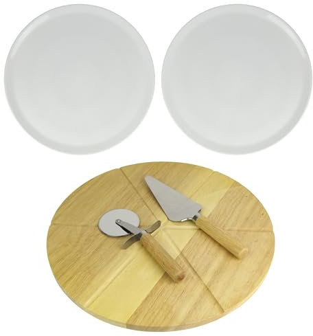Lentz 2-pack pizzatallrikar Ø 33 cm inkl. äkta trä pizzabräda – pizzaskärare i rostfritt stål och pizzalyftare