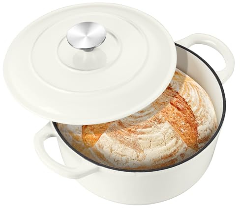 Leonyo - Olla holandesa de hierro fundido esmaltado de 3 cuartos de galón con tapa, para hornear pan de masa madre, utensilios de cocina resistentes para estofar, guisos, asar, color blanco