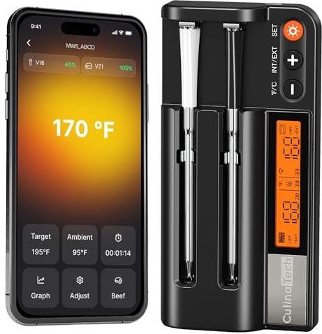 Termómetro inalámbrico para carne con Bluetooth, 2 Sondas, monitoreo por app con temporizador y alarma, IPX7 Impermeable, multisensor, termómetro inalámbrico para barbacoa, horno, parrilla, cocina