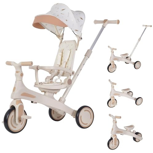 Vinteky Kinderdreirad von 1 Jahr bis 20 kg, Kinderfahrrad Laufrad Balance Bike mit Lenkstange Dach, drehbarer Sitz Vorwärts und Rückwärtsfahrt Dreirad, ausklappbarem Verdeck (Weiß)