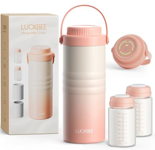 LUCKBEE Breast Milk Cooler with LCD Display for Outdoor, 16oz Capacity Portable Breastmilk Chiller for Car, Travel Bag, 360° Total Cooling for 24 Hours, 2 Baby Bottles for Breastmilk Storage, Pink