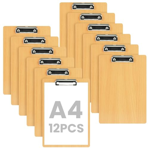 OFFCUP A4 Porte-Blocs en Bois, 12pcs A4 Porte Blocs Format avec Pince, Taille 21x14cm Planchettes à Pince Clipboard à Suspendre pour Papier D'écriture Memo Dossiers