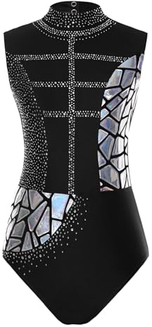 Aislor Combinaison Patinage Artistique Femme Body Leotard Justaucorps Gymnastique Rythmique Danse Compétition Strass Sans Manches Noir M