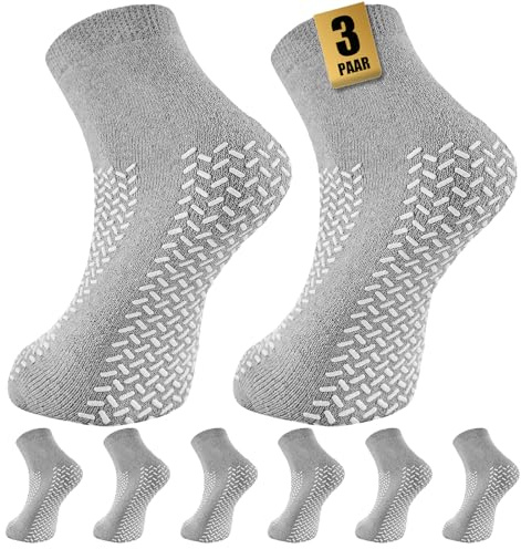 SukModen Hospital Socks with Double Profile, 3 Pairs Non-Slip Stopper Socks with Nubs, Fall Protection, Slipper Socks for Men and Women, Non-Slip House Socks for Care, Rehab & Home, gray, 36-42