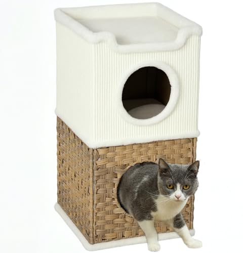 PawHut Niche pour Chat d'intérieur à 3 Niveaux avec Plateau supérieur Ouvert, Tour pour Chat, tonneau à gratter en sisal pour Animaux jusqu'à 6 kg, 41 x 41 x 75,5 cm, crème