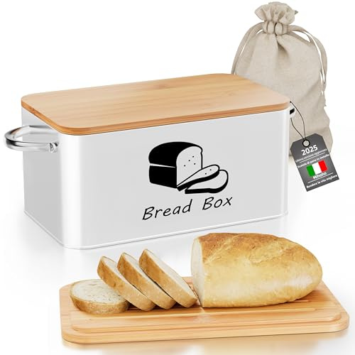 Mihoho Portapane da cucina con tapa in Bambù, contenitore per conservare il pane, moderno organizer da cucina per pane a lievitazione naturale, panini e pagnotte (Bianco d)