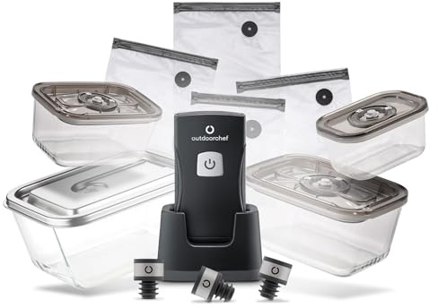 Outdoorchef Easy BBQ Vac Vakuumierset - kabelloser Hand-Vakuumierer mit 12 l/min + 4 Glasbehälter (500-2600 ml), 18 Zip-Beutel, 3 Flaschenverschlüsse & USB-Ladestation - Frische & Sous-Vide