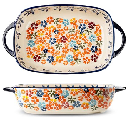 Auflaufform Keramik Mit Griff, Vintage Lasagneform Keramik Backform, Lasagne Pfannen Ofenform für Lasagne Tiramisu Aufläufe Küche Dekor Geschenke (Rechteckig Große, 33,6 x 19 x 7,1cm)