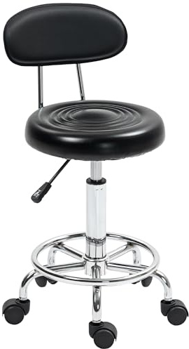 HOMCOM Tabouret à roulettes avec hauteur ajustable 70-86 cm, tabouret de massage pivotant avec dossier et repose-pieds, chaise de travail à roulettes pour salon de massage, tatouage, clinique, noir