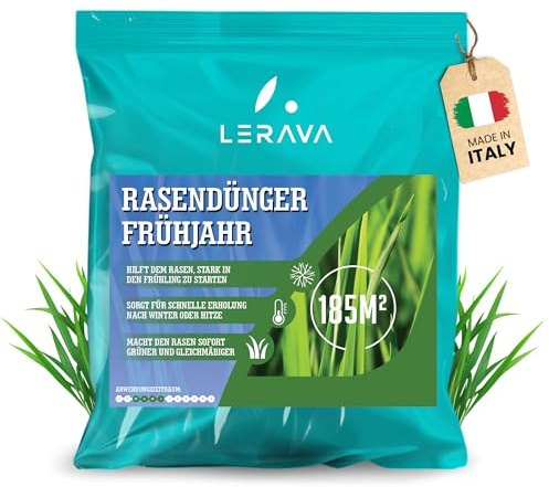 LERAVA Concime Prato Primavera (185m²) - Fertilizzante per Prato Verde e Rigoglioso - Concime Azotato Antimuschio a Lenta Cessione - Rigenerazione e Nutrizione del Tappeto Erboso per Tutta la Stagione