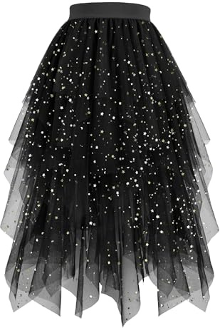 Hengrongshen tyllkjol dam lång, 80 cm glitter tyllkjol dam midi svart, elastisk tyllkjol hög midja kjol A-linje, glitter tyllkjol för karnevaldräkter, kostym häxa cosplay