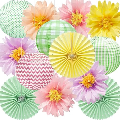 Decoración para Fiesta de Jardín de Verano,Farolillos de Papel, Flores de Papel y Abanicos de Papel para Cumpleaños y Bodas - Syoulin
