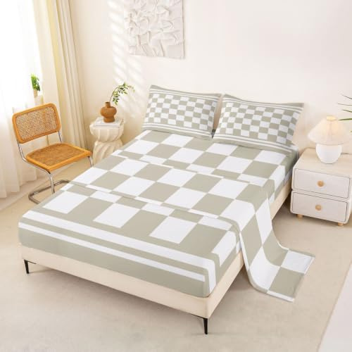Loussiesd retro beige rutigt sänglakan set king size vintage geometrisk pläd djup ficka dra-på-lakan moderna enkla häftiga sängkläder set mjuka sängset 4 st med 2 örngott