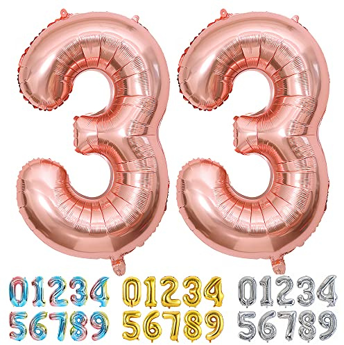Ponmoo Luftballons Zahlen 33 Rosegold, Riesen Nummer 0 1 2 3 4 5 6 7 8 9 10-19 20-29 30-39 40 50 60 70 80 90 100, groß Folienballons für Hochzeit Jubiläum, Geburtstagsballons Party Dekoration