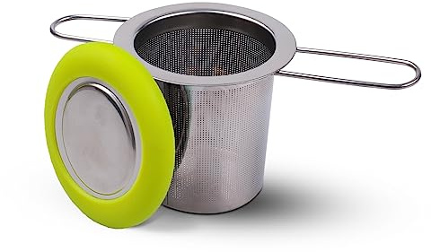 Fenshine Tea Infuser Stainless Steel Tea Strainer Folding Handle Tea Filter Extra Fine Mesh Strainer Brewing Basket with Lid for Loose Leaf Tea (Green)