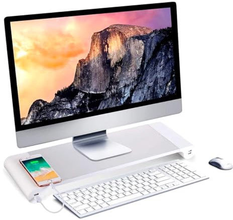 NK Soporte de Monitor Portátil - Elevador de Ordenador de Aluminio Antideslizante, 4 Puertos de Carga USB, 22W, Hasta 20, Peso 10kg, (Color Plateado)