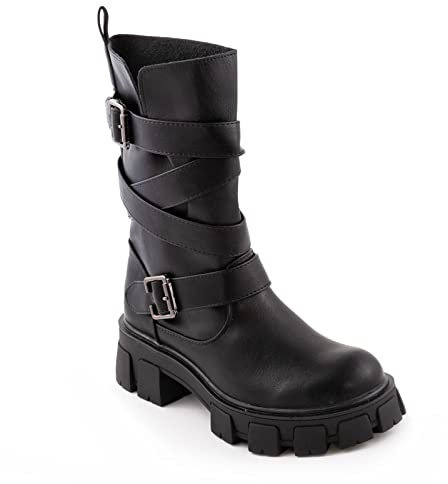 Toocool - Frauen Schuhe Stiefel Biker Motorradfahrer Kunstleder Casual Schnallen Neu 1050, Yg891 Schwarz, 40 EU
