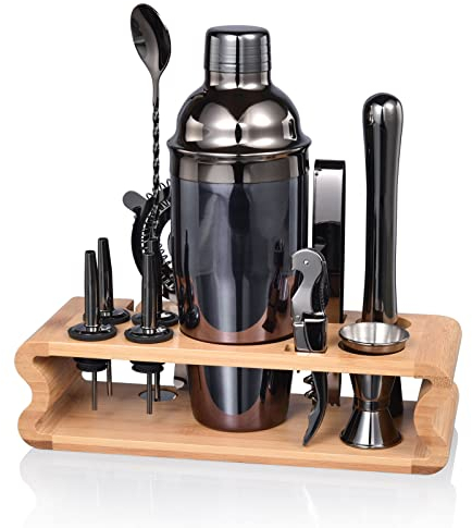 Quilamix 12-teiliges Cocktail Shaker Set mit Bambusständer, 750ml Edelstahl-Barkeeper-Set für Mixgetränke, Geschenk für Freunde, Männer, Frauen, mit Rezeptheft