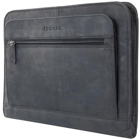 STILORD 'Elton' Dokumententasche Leder Konferenzmappe A4 Schreibmappe 13,3 Zoll Aktenmappe Große Dokumentenmappe mit Reißverschluss Vintage Echtleder, Farbe:Carbon - grau