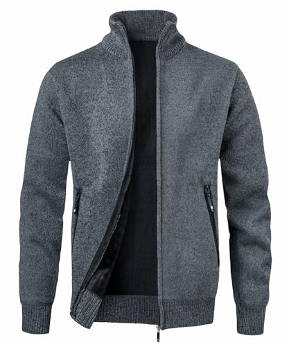 MeiLayM Herren Strickjacke Stehkragen Reißverschluß Pullover Weiches Plüschfutter Warm Sweatjacke Langarm Cardigan Feinstrick Herbst Winterjacke Grau,XXL