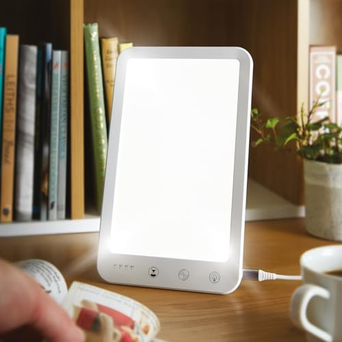 LED Daylight SAD Lamp – 10000 Lux Home Office Slim Portable Sunlight Simulator Therapy Light Box with Glare & Flicker Free LEDs, 5 Brightness Levels, Colour Modes & Timer – H24 x W14.5 x D2cm