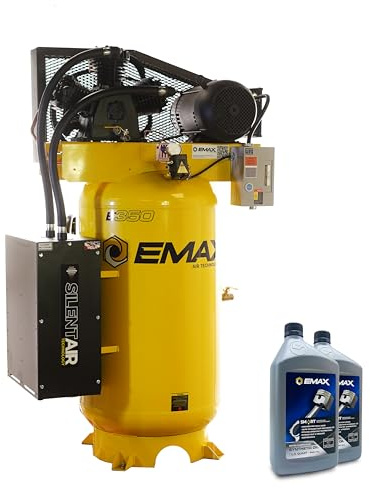 EMAX Air Compressor - 80 Gal Silent 7.5HP 2 Stage with 26 CFM and 175 Max PSI, Includes Oil for First Change - Cast Iron Pump - Made in the USA - EHS07V080Y1